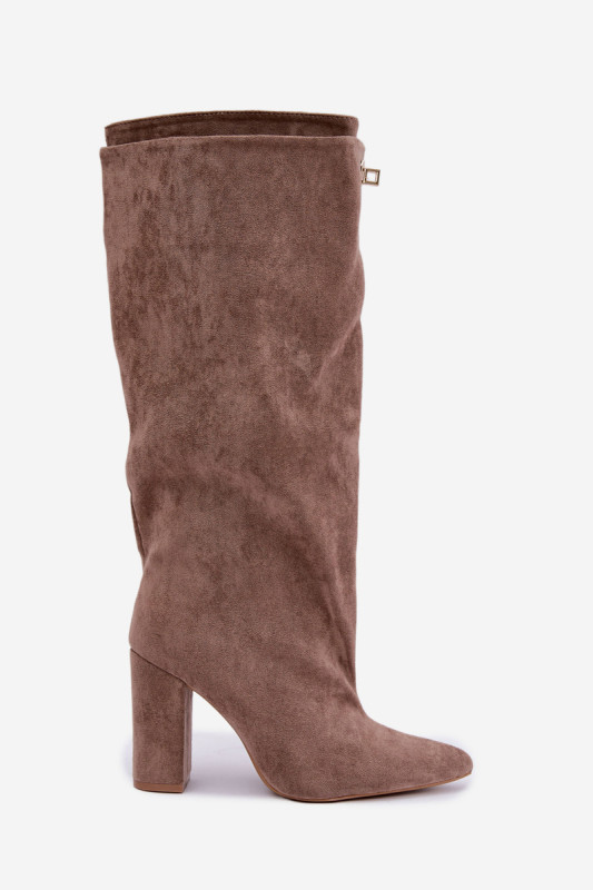 Gefütterte Overknee-Stiefel aus Velourslederimitat mit doppeltem Schaft und Blockabsatz in Beige