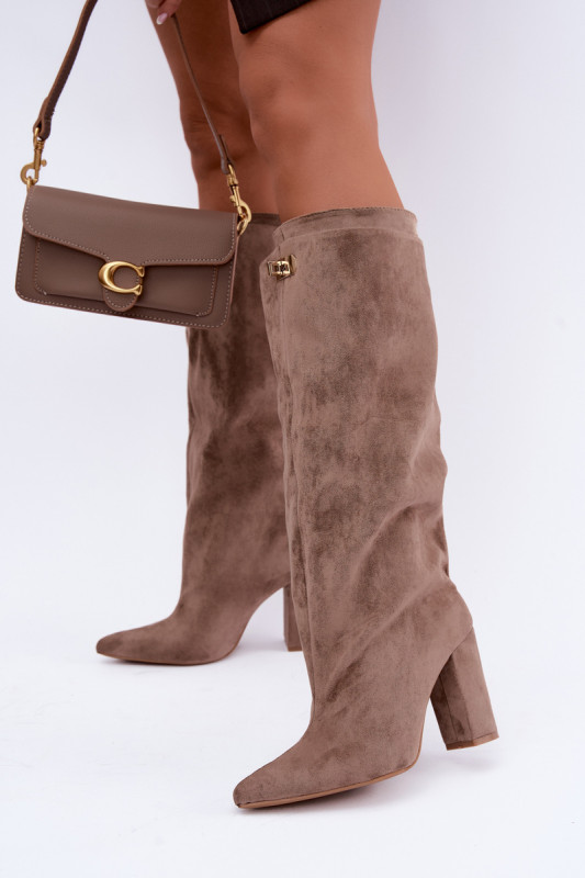 Gefütterte Overknee-Stiefel aus Velourslederimitat mit doppeltem Schaft und Blockabsatz in Beige