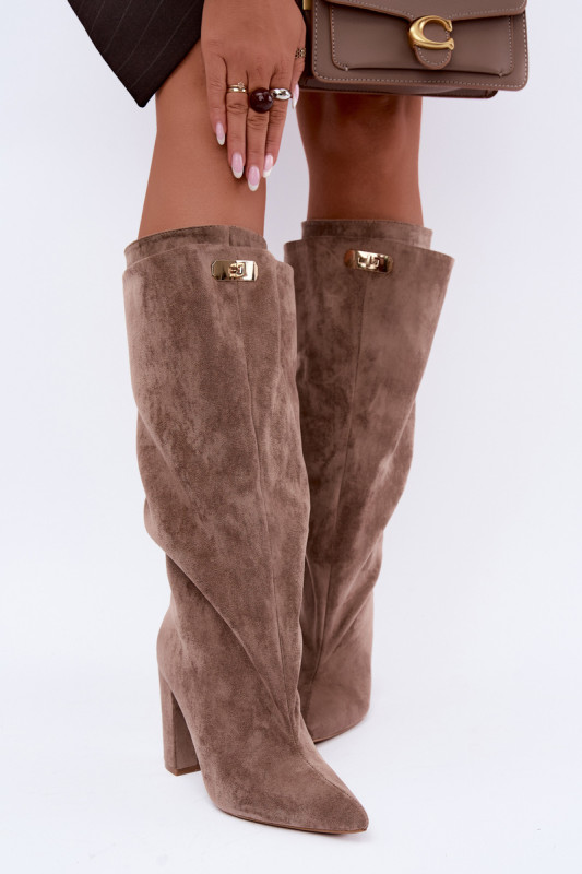 Gefütterte Overknee-Stiefel aus Velourslederimitat mit doppeltem Schaft und Blockabsatz in Beige