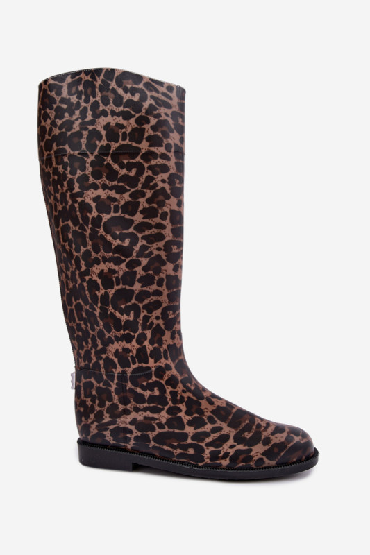 Hohe braune Gummistiefel mit flachem Absatz und Animal-Print