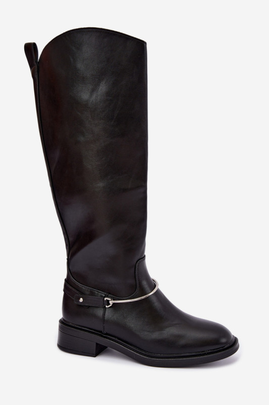 Schwarze Overknee-Stiefel mit dekorativem Riemen und flachem Absatz