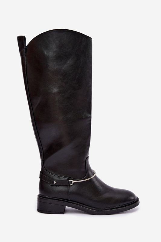 Schwarze Overknee-Stiefel mit dekorativem Riemen und flachem Absatz