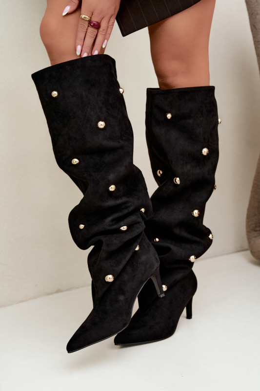 Schwarze Overknee-Stiefel mit Stiletto-Absatz und goldenen Details