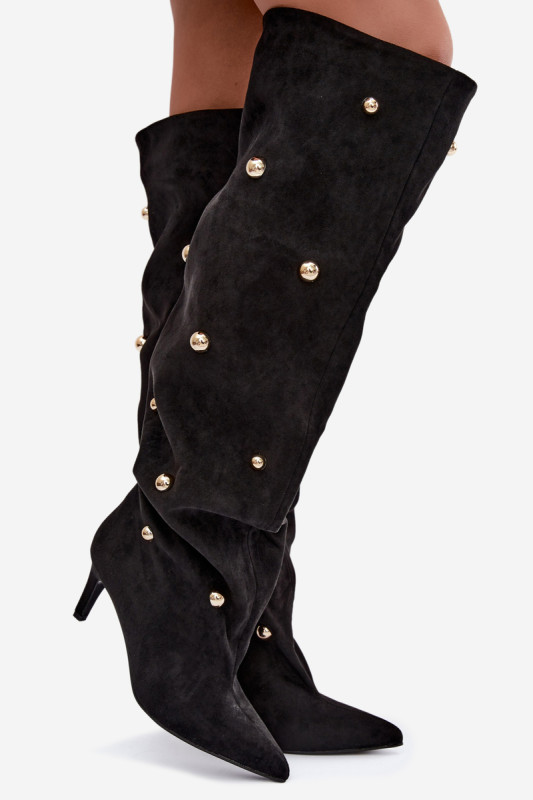 Schwarze Overknee-Stiefel mit Stiletto-Absatz und goldenen Details