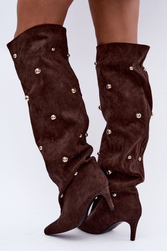 Overknee-Stiefel mit Stiletto-Absatz und dekorativen Details, braun
