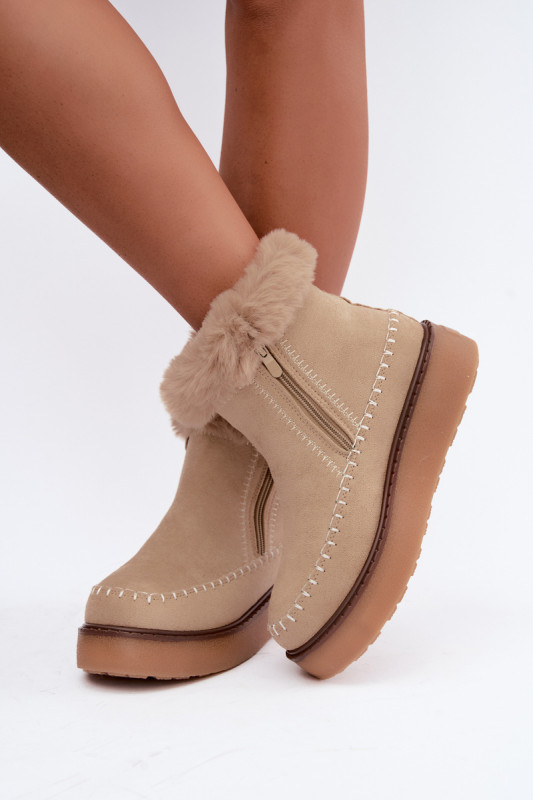 Beige Schneestiefel mit Reißverschluss und Fellbesatz