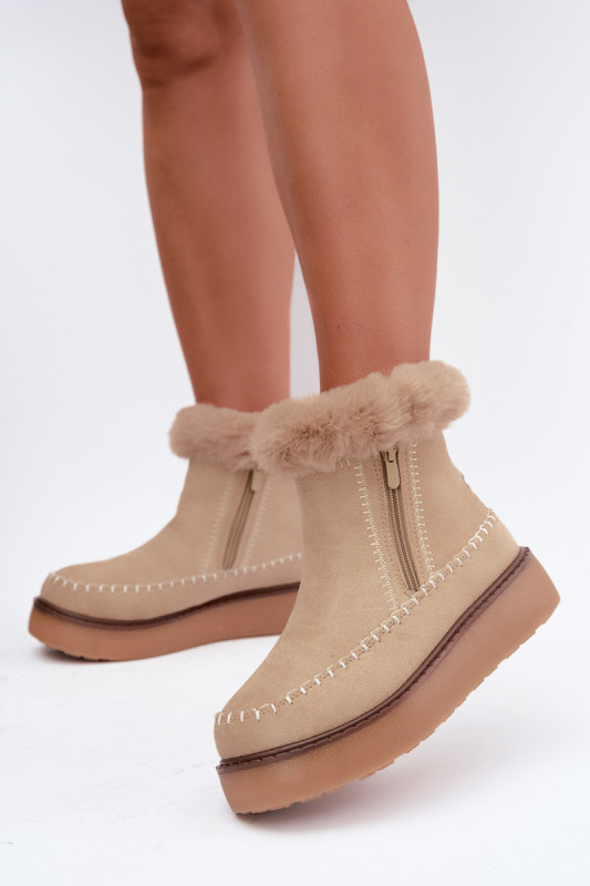 Beige Schneestiefel mit Reißverschluss und Fellbesatz