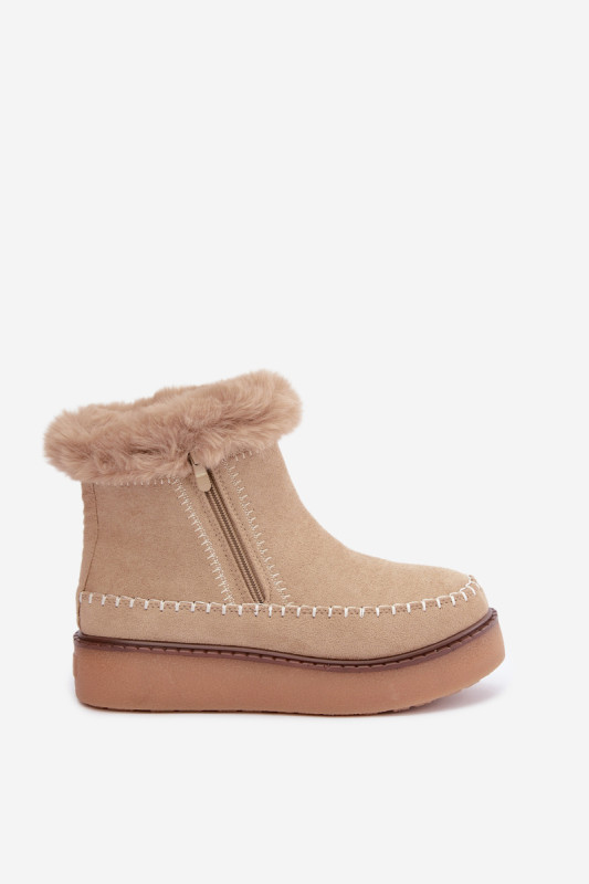 Beige Schneestiefel mit Reißverschluss und Fellbesatz