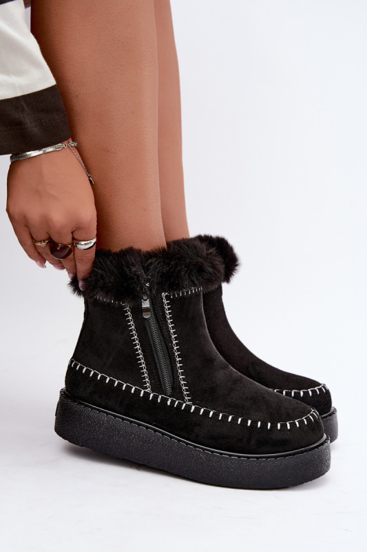 Schwarzer Schneestiefel mit Reißverschluss und Fellbesatz
