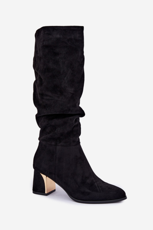 Schwarze Veloursstiefel mit Raffung und Blockabsatz