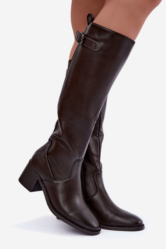 Gefütterte Stiefel mit Blockabsatz und Schnalle, braun