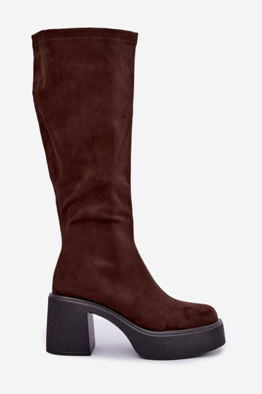 Braune Overknee-Stiefel aus Velourslederimitat mit Plateau und Blockabsatz
