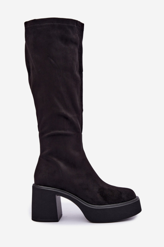Schwarze Overknee-Stiefel mit Plateau und Blockabsatz