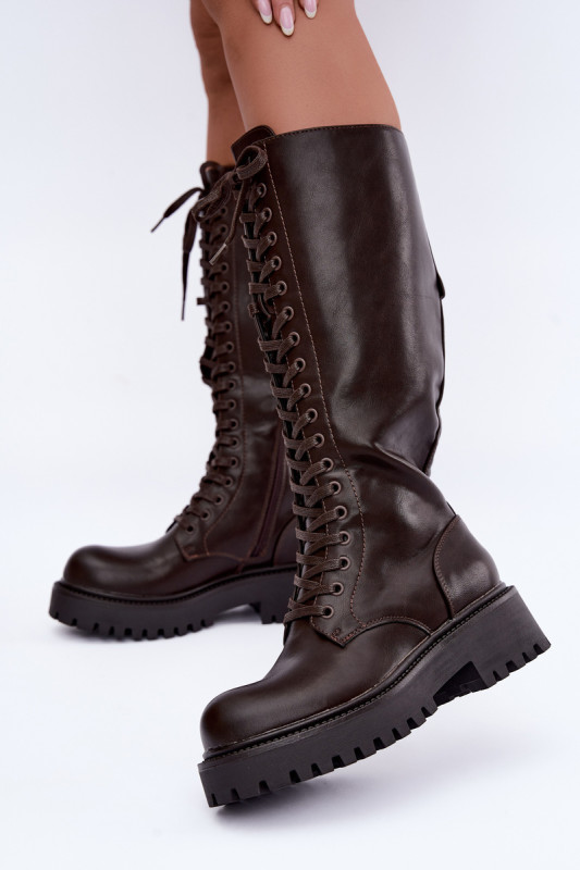 Braune Schnürstiefel mit Plateau aus Kunstleder