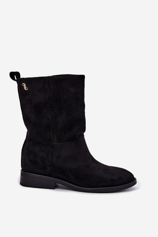 Gefütterte schwarze Stiefelette mit flachem Absatz aus Wildlederoptik