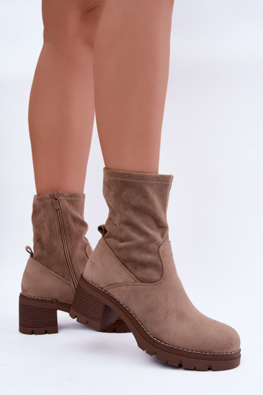 Beige Stiefelette mit Blockabsatz aus Velourslederimitat