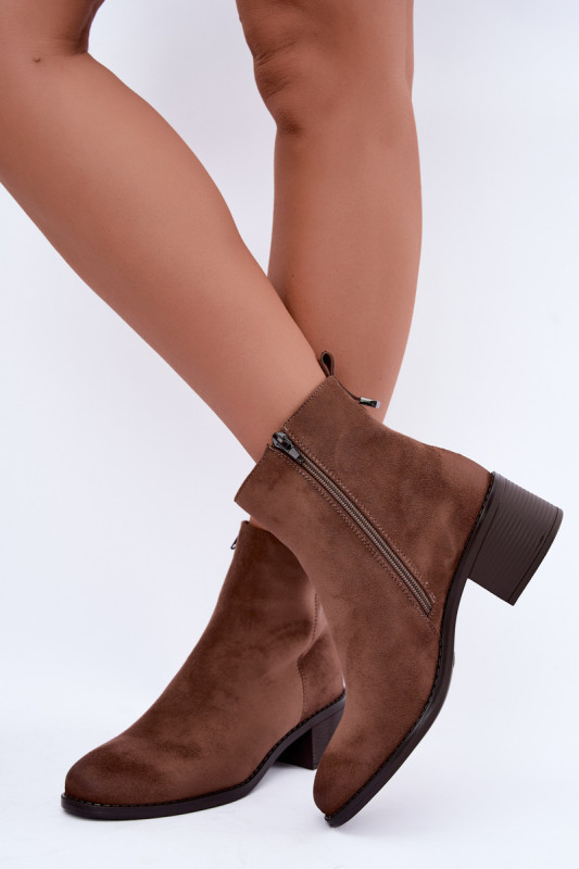 Beige Stiefelette mit niedrigem Blockabsatz, Reißverschluss und warmem Futter