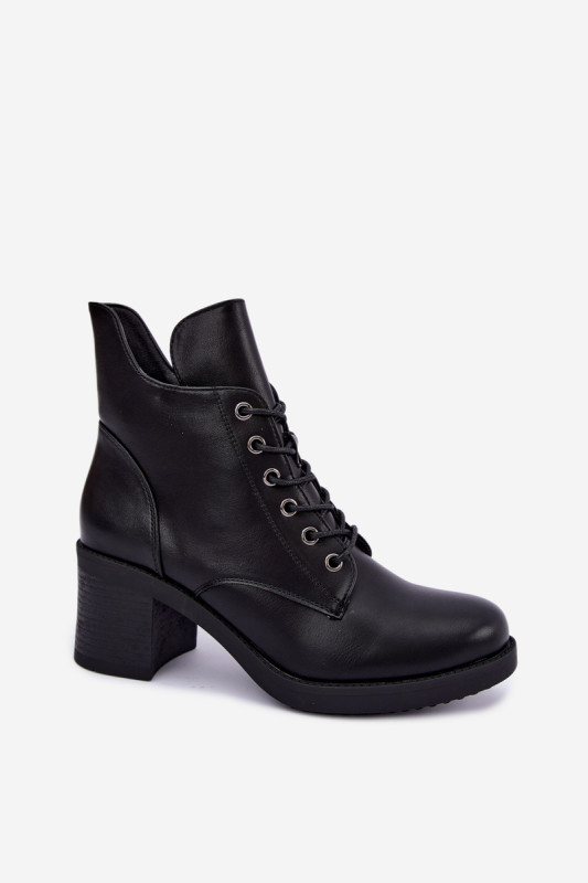 Schnürbare gefütterte Stiefelette mit Blockabsatz, schwarz
