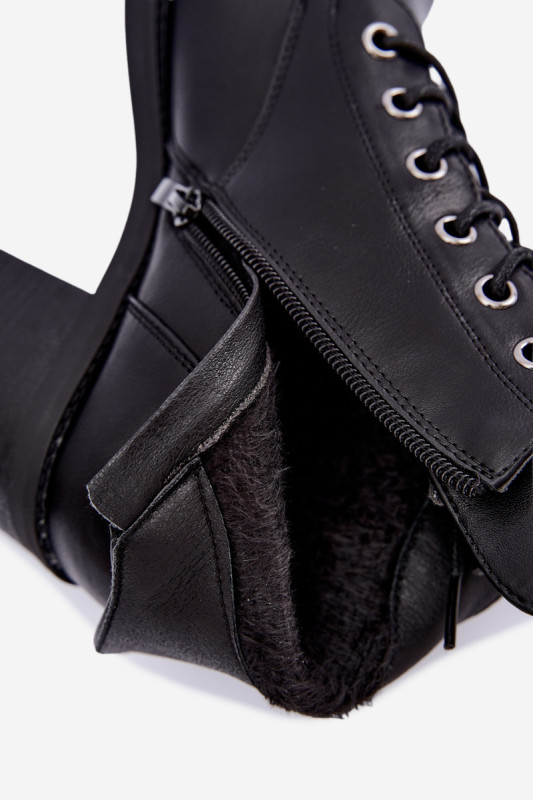 Schnürbare gefütterte Stiefelette mit Blockabsatz, schwarz