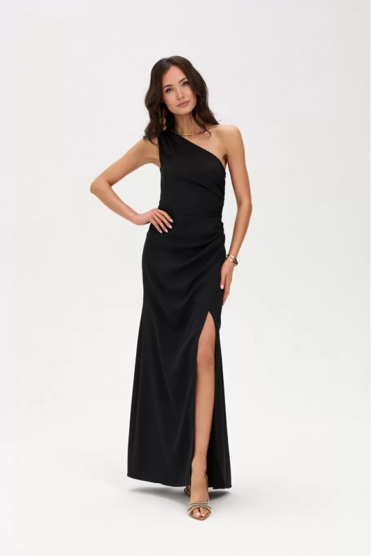 Schwarzes Maxi-Kleid mit Schlitz und One-Shoulder-Design