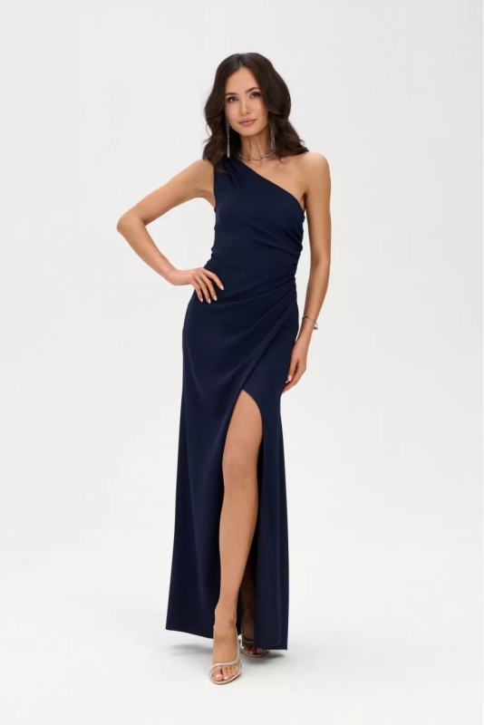Maxikleid in Dunkelblau mit Schlitz und One-Shoulder-Design