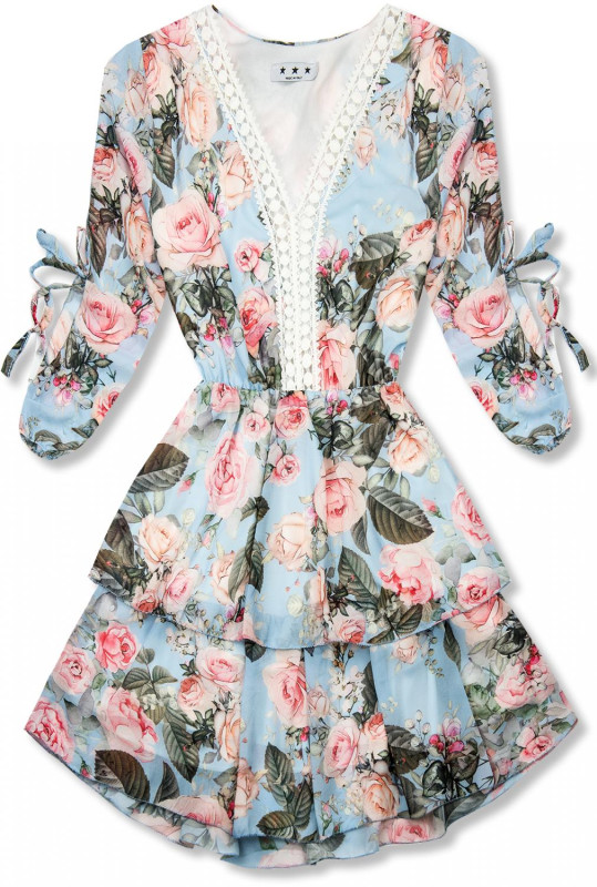 Hellblaues Blumenkleid mit Rüschen und Spitze