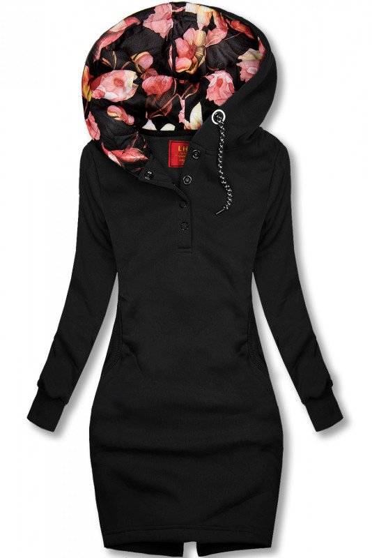 Sweatshirt/Sweatkleid mit Kapuze und Rippbündchen schwarz