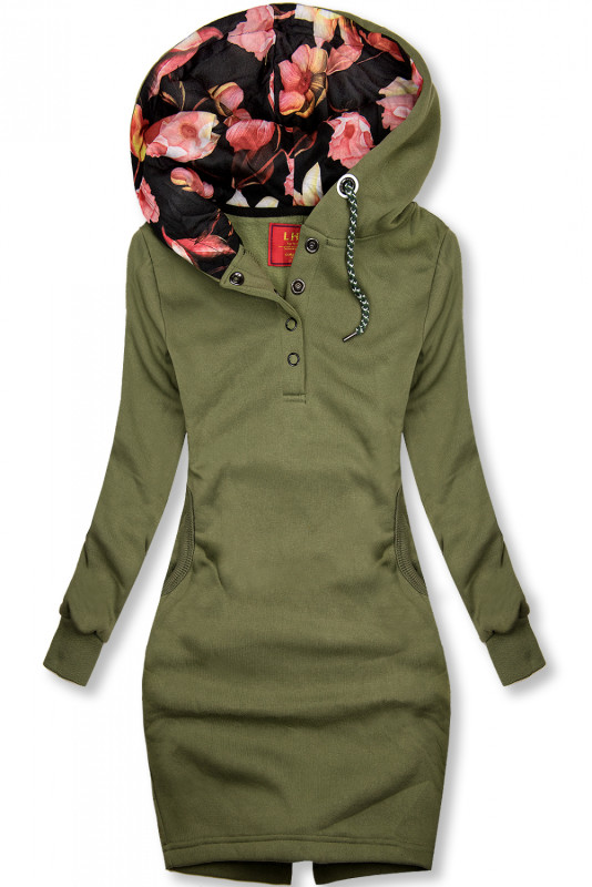 Sweatshirt/Sweatkleid mit Kapuze und Rippbündchen khaki