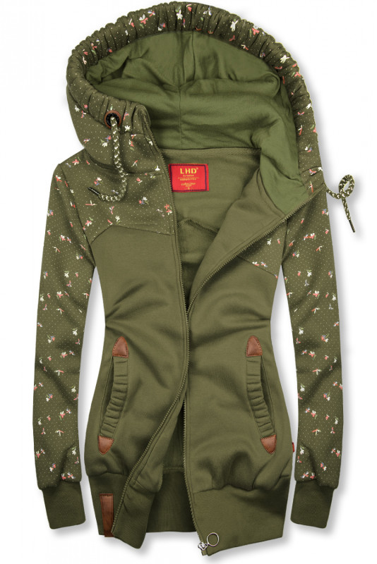 Verlängerte Sweatjacke mit Blumenmuster khaki