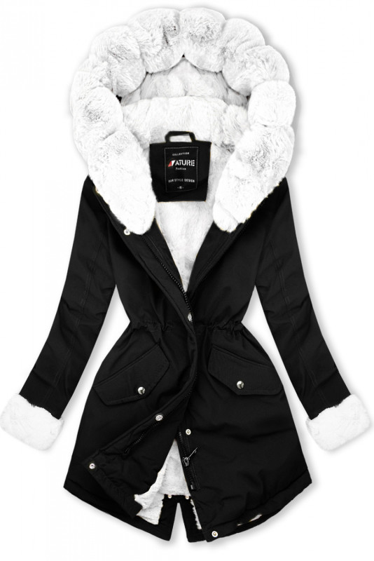 Parka mit abnehmbaren Fellimitat schwarz/weiß