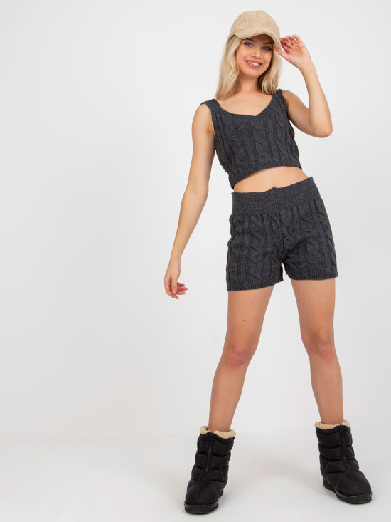 Dunkelgraues dreiteiliges Strickset mit Cardigan