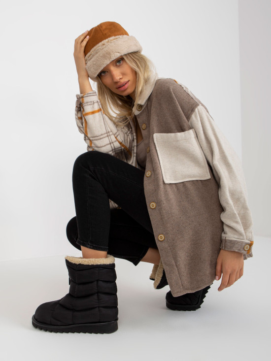 Beige zweifarbige Oversize-Hemd mit Karomuster