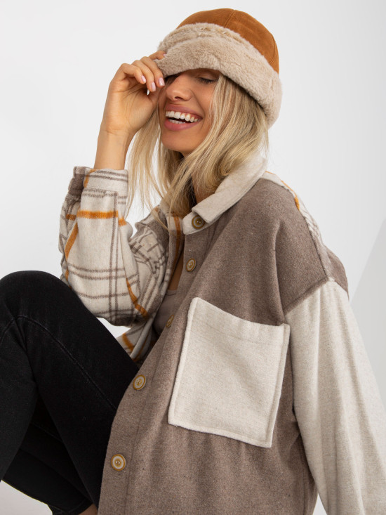Beige zweifarbige Oversize-Hemd mit Karomuster