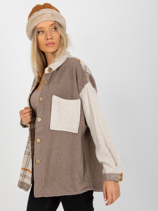 Beige zweifarbige Oversize-Hemd mit Karomuster