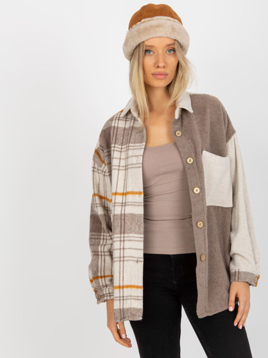 Beige zweifarbige Oversize-Hemd mit Karomuster