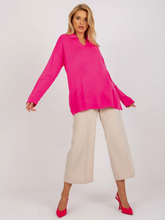 Fluo rosa Damen Oversize Pullover mit Kragen RUE PARIS