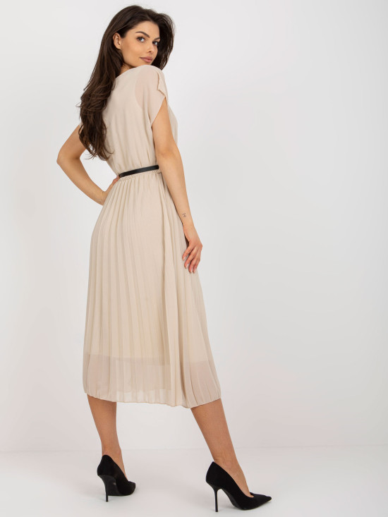 Beige Midi Kleid mit ausgestelltem Schnitt und Falten