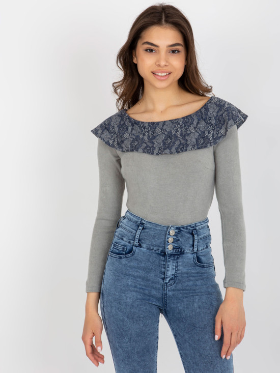 Grau-navy Bluse mit Spitzen-Boot-Ausschnitt