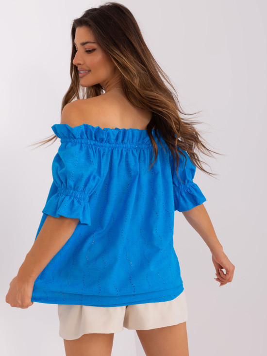 Blaue Baumwollbluse mit Carmen-Ausschnitt