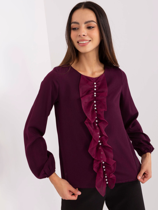 Elegante dunkelviolette Bluse mit Perlen