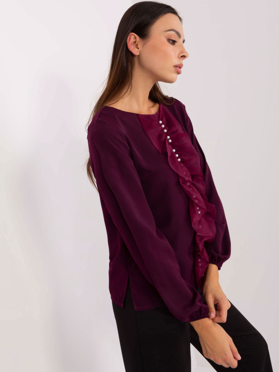 Elegante dunkelviolette Bluse mit Perlen