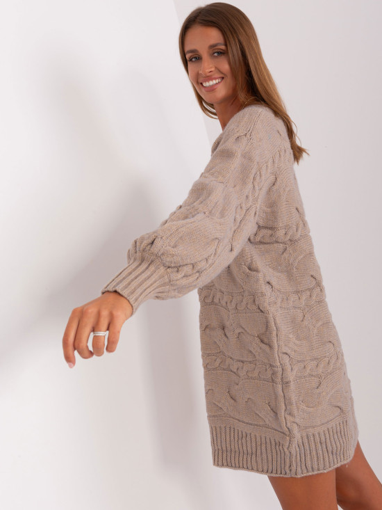 Dunkelbeige Strickkleid mit Zöpfen