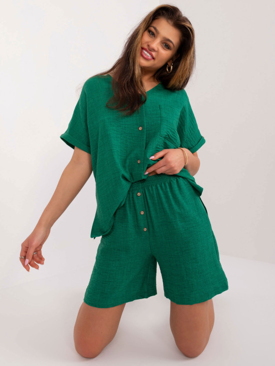 Dunkelgrünes Damen Sommer Set mit Bluse und Schlitzen
