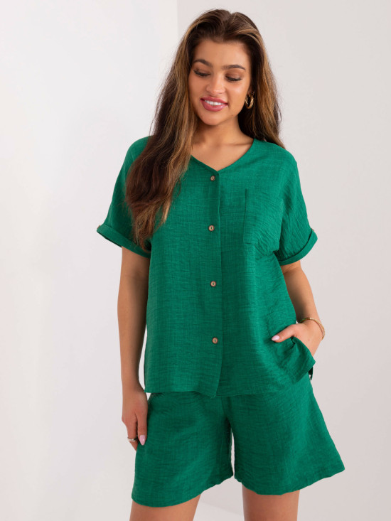 Dunkelgrünes Damen Sommer Set mit Bluse und Schlitzen