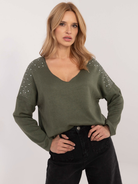 Eleganter khaki Pullover mit Applikation