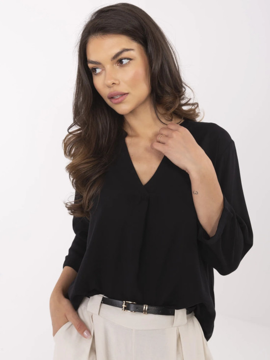 Elegante schwarze Bluse mit 3/4-Ärmeln