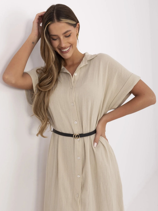 Beige einfache Kleid mit Gürtel