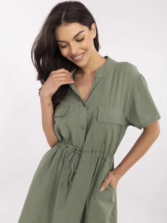 Khaki ausgestellte Kleid mit kurzen Ärmeln