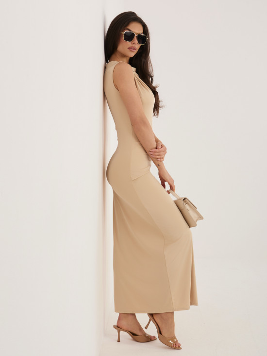 Beiges ärmelloses Midi-Etuikleid