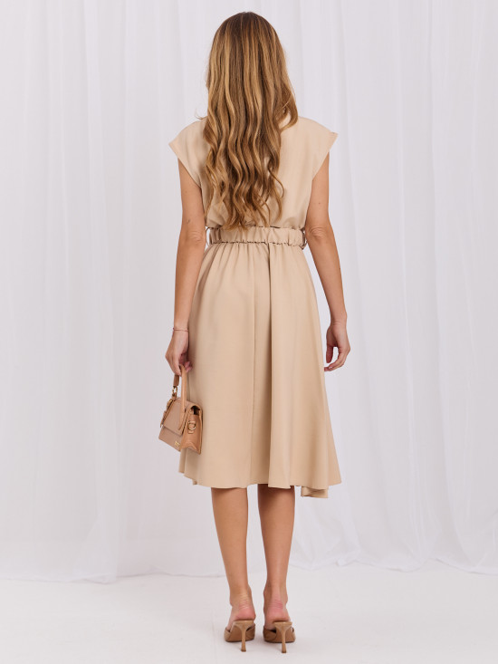 Beiges ausgestelltes Midi-Kleid mit Gürtel